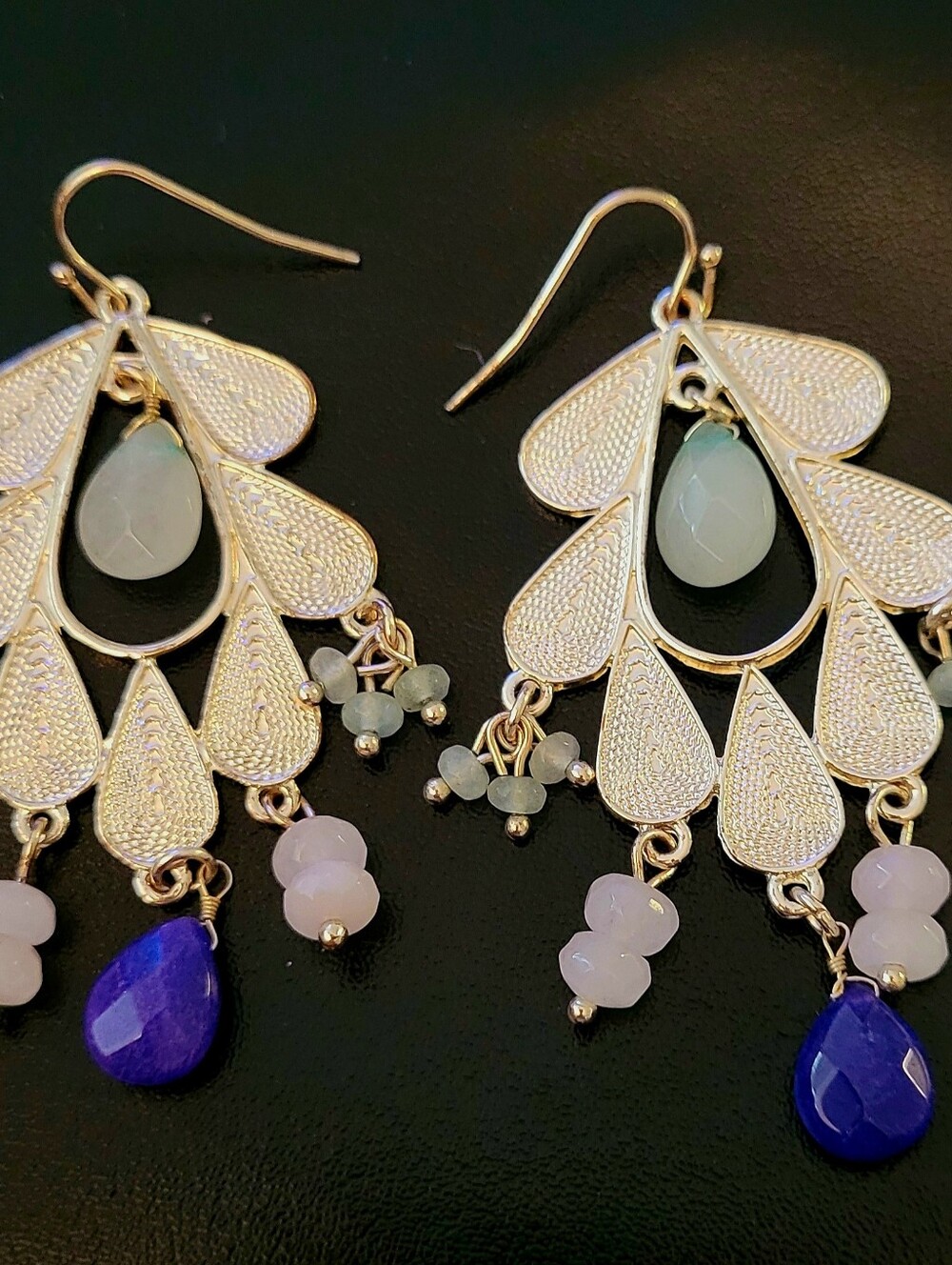 Silver Tone Teardrop Chandelier Earrings with Blue & Pale Gem Accents